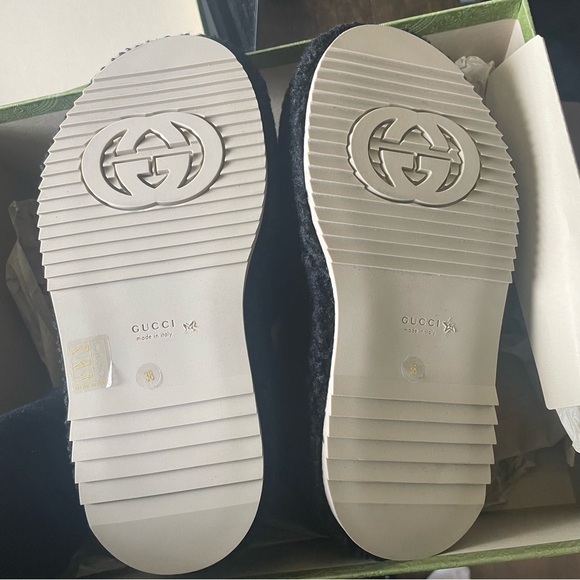 Gucci Elea Shearling GG Interlocking G Platform Slide Wedge Black Butterscotch - Picture 6 of 9